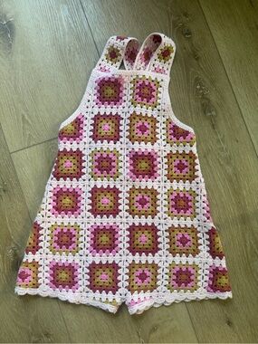 Zara Crochet Square Romper in Pink, Olive & White